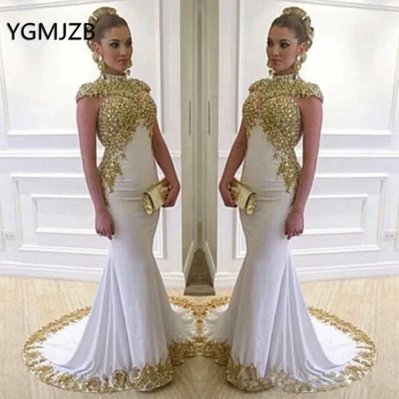 Muslim Arabic Evening Dress Long Mermaid 2019 High Neck Gold Embroidery Beads Cap Sleeves White Formal Prom Evening Gowns Muslim Arabic Evening Dress Long Mermaid 2019 High Neck Gold Embroidery Beads Cap Sleeves White Formal Prom Evening Gowns