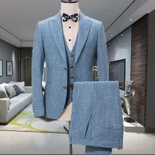 Дизайн синий льняной костюм для мужчин Slim Fit Свадебные костюмы для мужчин повседневные летние пляжные Жених лучший мужской блейзер 3 шт. Terno Masculino