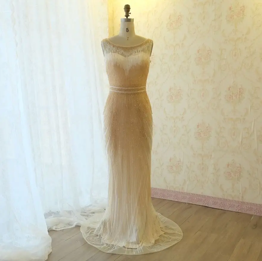 Шампанское Vestido festa longo2019 Новое Кружевное Кристальное роскошное Сверкающее красное черное темно-синее шампанское турецкое вечернее платье Настоящее фото элегантное - Цвет: Шампанское