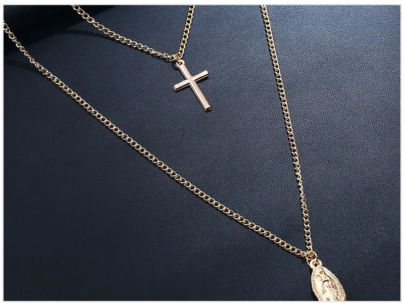 SRCOI Christlicher Cross Virgin Mary двойное ожерелье на длинной цепочке подвеска золотого цвета медальон женские модные ювелирные изделия