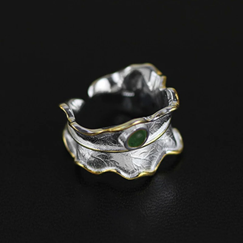 Lotus Fun Sterling Silver 925 Ring for Women 2017 Unique Green Tourmaline Twist Leaf Open Cuff Resizable Ring Band Fine Jewelry