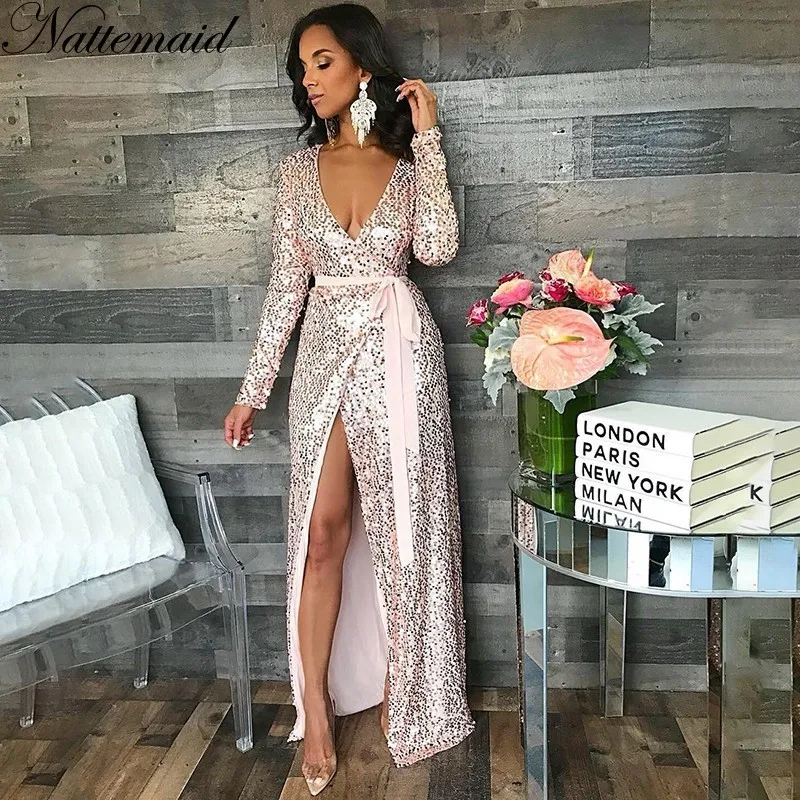 NATTEMAID Sexy women Sequin Maxi Dresses Long Sleeve Bodycon Deep V Neck Split Autumn Elegant Long Dresses Party Club Vestidos