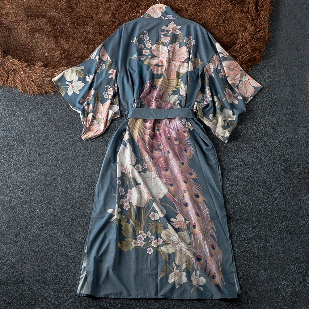 

2019 Crane Print Long Kimono Women No Button Belt Long Flower Cardigans For Woman Batwing Sleeve Good Quality Womens Kimonos
