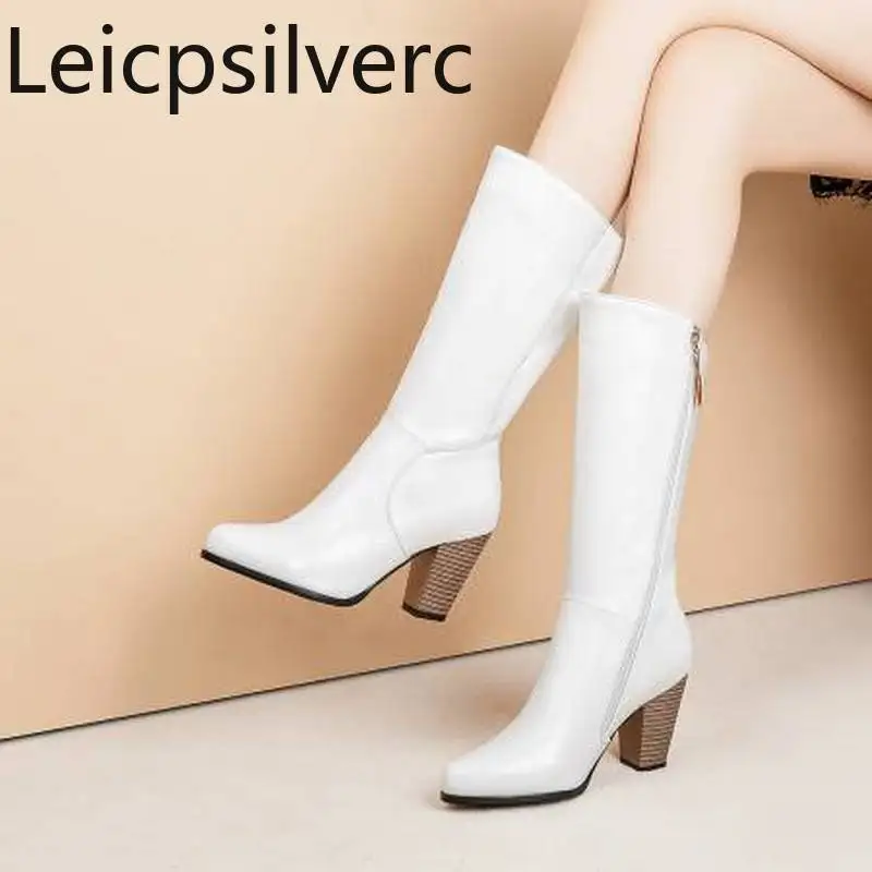 Women's Boots Autumn And Winter The New fashion Round head zipper Thick heel mid Middle tube shoes plus size 34-52 | Обувь