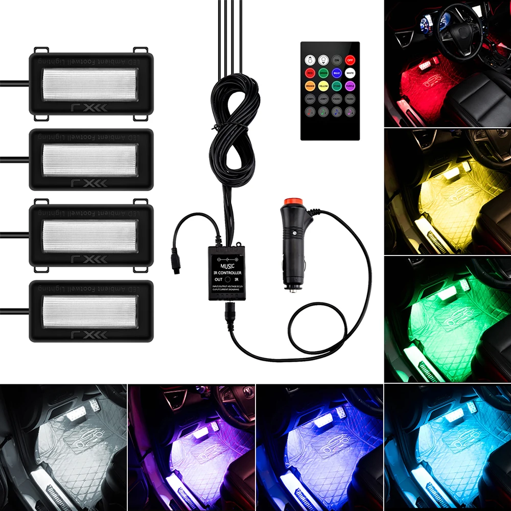 

8 Color 4 LED Wireless Remote Control Car Atmosphere Neon Light Interior GRB Decorative Lamp With Music Voice Control Accessorie