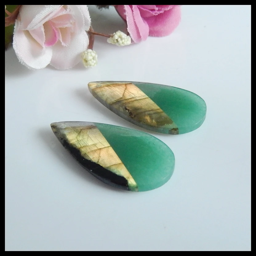 

Wholesale gemstone,Natural Green Aventurine, Labradorite Intarsia Earring,32x15x4mm,6.2g