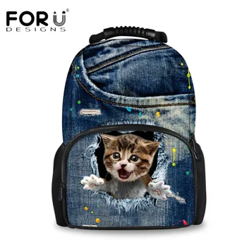 

FORUDESIGNS Canvas Travel Backpacks for Women Men Cute 3D Denim Animal Cat Printing School Backpack for Teenage Girls Bagpack