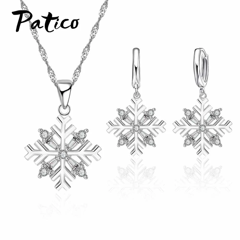 

Christmas Party Jewelry Sets Women Snowflake 925 Stamp Sterling Silver Pendant Necklace+Earrings Sets with Cubic Zirconia