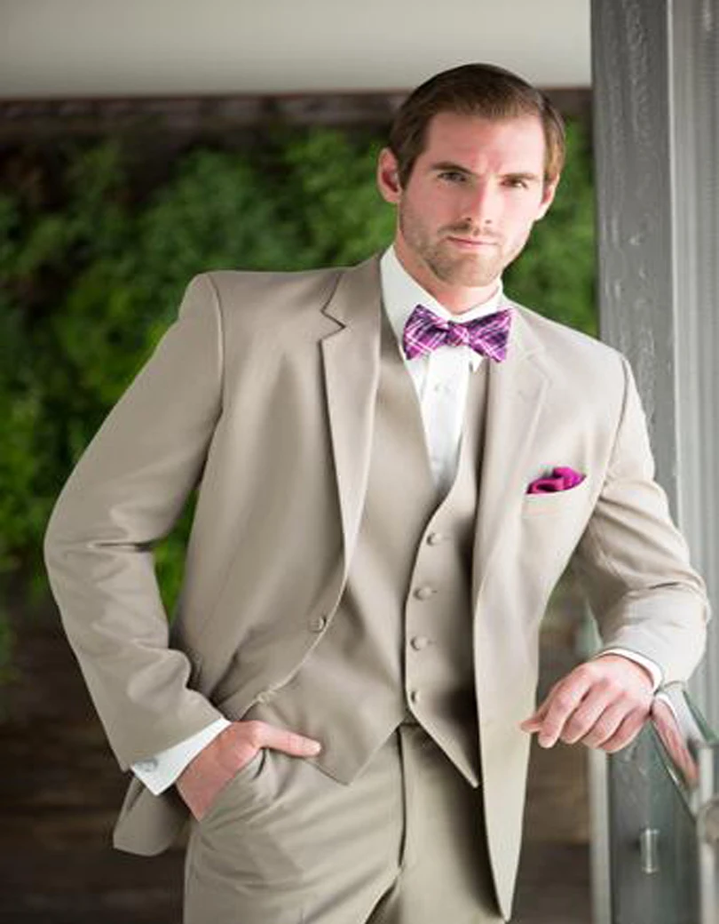 Gentleman Style Beige Mens Wedding Suits Tuxedos Notched Lapel Mens Suits Two Buttons Groomsmen Suits (jacket+pants+vest)