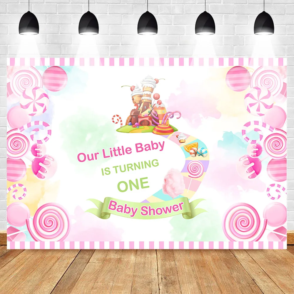

Neoback Our Little Baby is Turning One Theme Party Backdrop Baby Shower Newborn 1st Birthday Background Pink Sweet Candy Castle