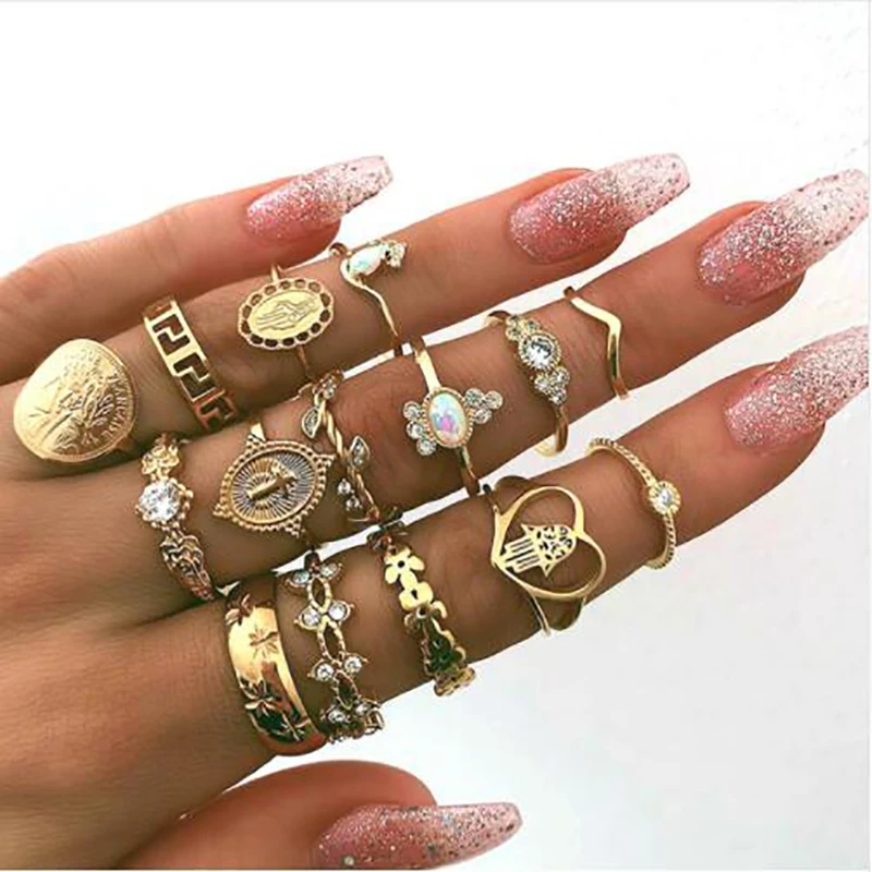 

Retro Midi Knuckle Finger Ring Set Vintage Crystal flower Leave Cross Heart Shape Gold Color Crystal Wedding Jewelry Gifts