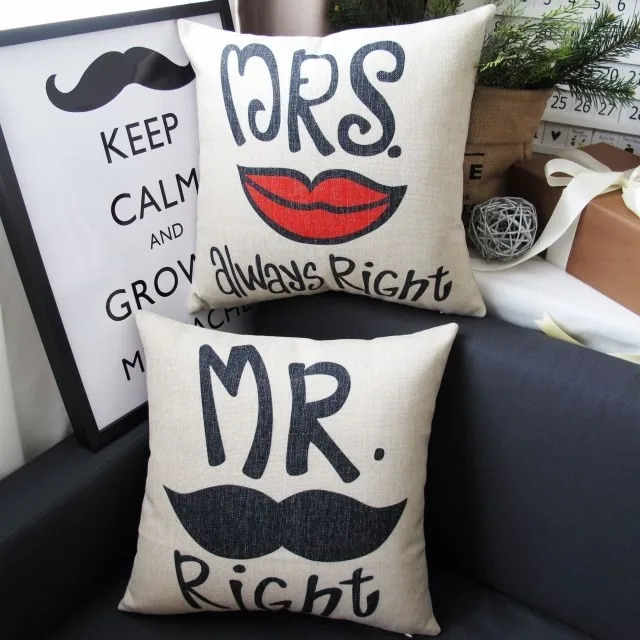 

HOT SALE high quality linen sofa cushion cover pillowcase for wedding gift lovers Mr right (NOT INCLUDING INNER CORE) 45*45cm