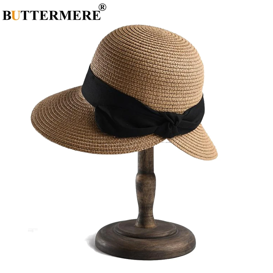 

BUTTERMERE Womens Hats And Caps Camel Wide Brim Straw Hat Lady Bowknot Casual Sun Cap Uv Vintage Travel Spring Summer Beach Hat
