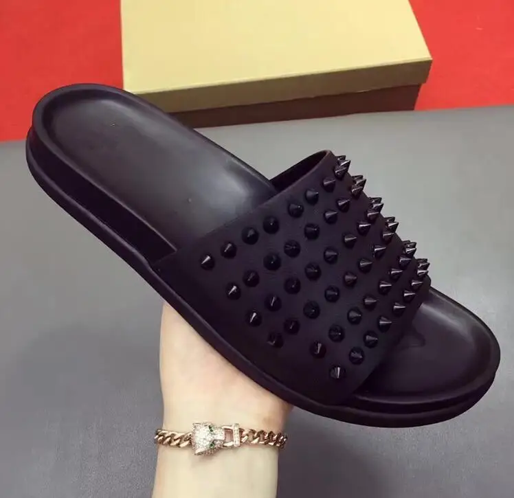 

brand designer high-end custom round metal rivet cowhide flat casual men shoes fashion trend comfortable summer rivet men slippe