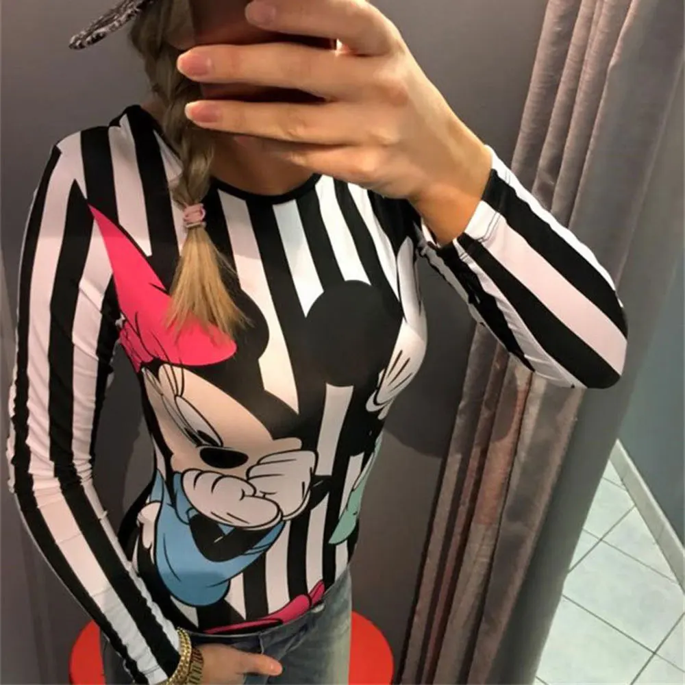 2018 Bodycon Slim Cute Cartoon Mouse Printed Long Sleeve Bodysuit Round Neck Autumn Tops Striped Jumpsuits Overalls Romper 