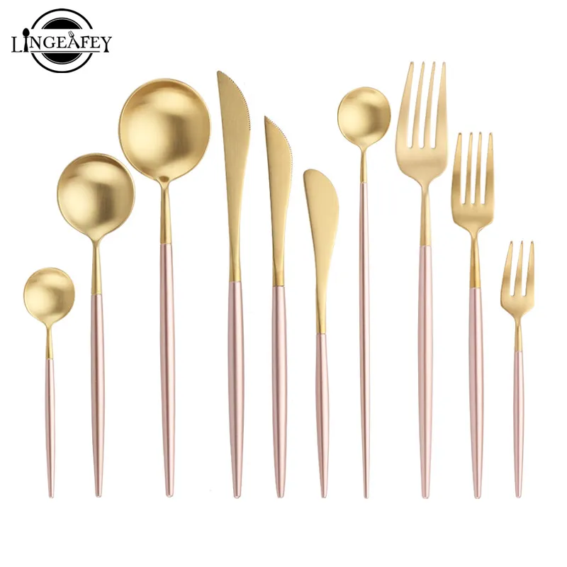 

Steel Cutlery Set Pink Handle Gold Spoon Knife Fork Chopsticks Dessert Dinneware Western Teaspoons Tableware for Wedding Party