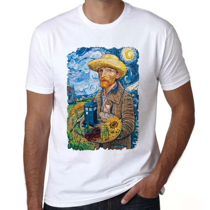 

Men's T Shirt Vincent Van Gogh The Starry Night with Lord of the rings Middle Earth Sauron Tower Printed Tee