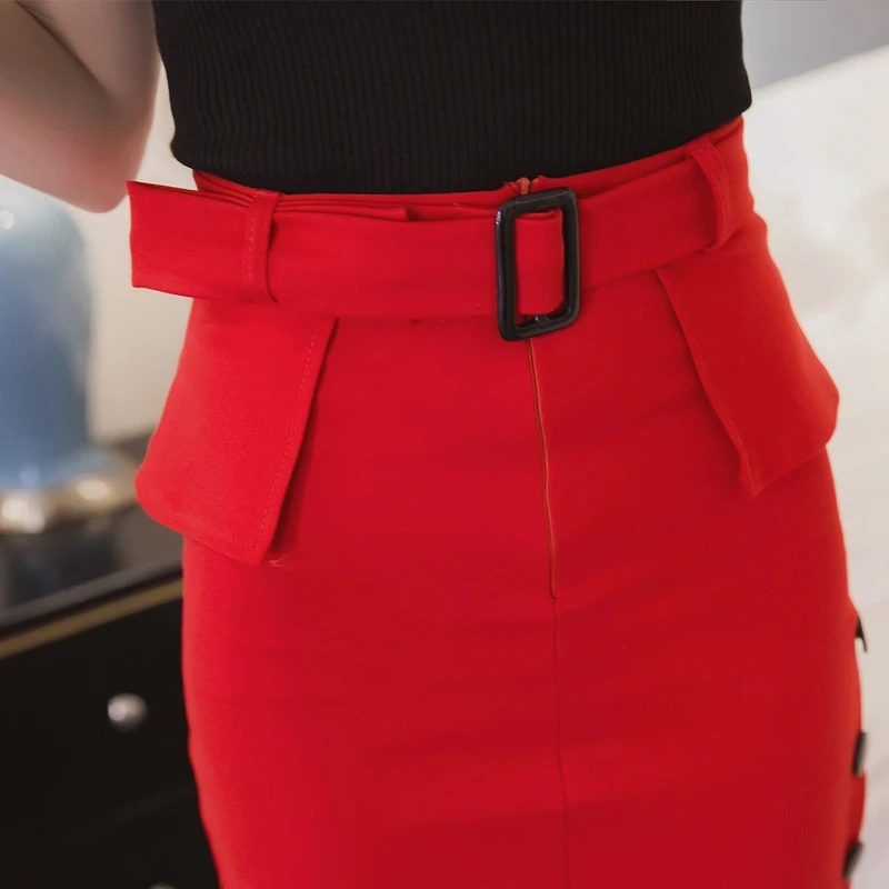 Модное Новое поступление, летняя миди-юбка с высокой талией, красная черная облегающая юбка-карандаш, элегантные женские юбки на пуговицах с разрезом