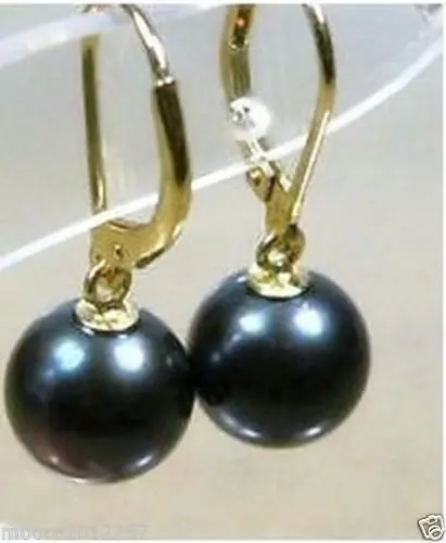 

free shipping 10-11 MM PERFECT ROUND AAA+++ TAHITIAN BLACK PEARL EARRING 14k/20 GOLD