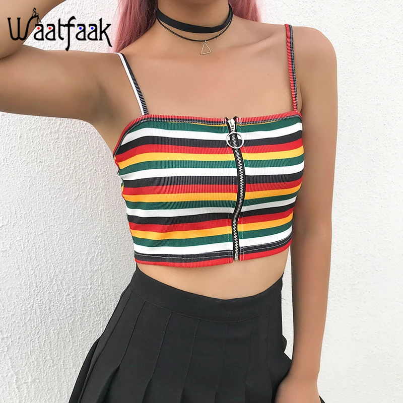 

Waatfaak Zipper Fly Slash Neck Spahetti Striped Cami Sexy Tank Top Straps Backless Rib Summer Cotton Crop Top Women Harajuku Top