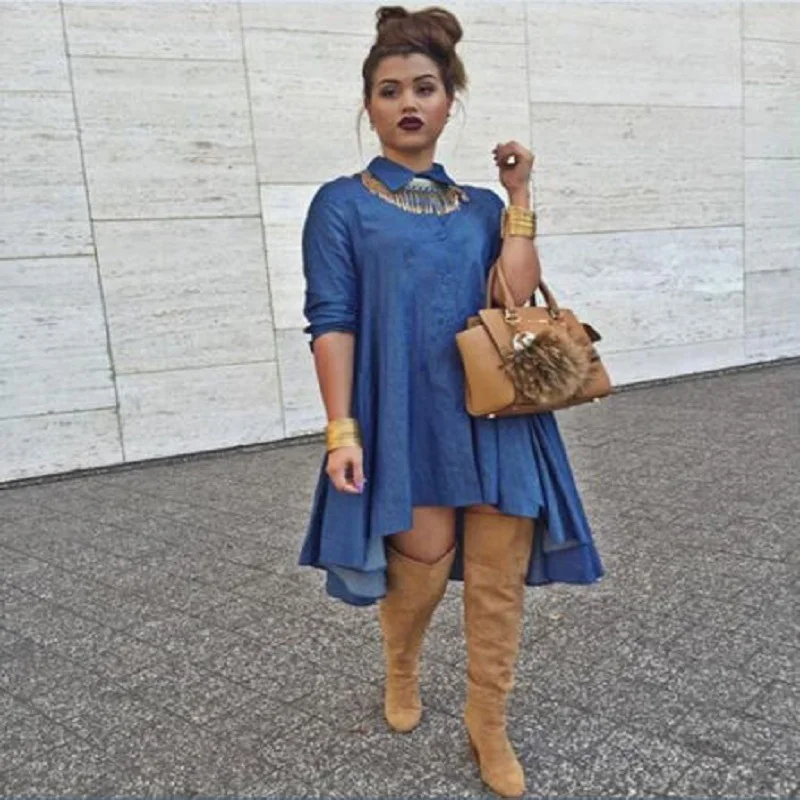 

New Sexy Womens Loose Denim Jean Dress Ladies Mini Dress Women Casual Long Sleeve Mini Dress