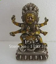 

Tibetan Silver Gilt Bronze Skull 6 Arms Mahakala Buddha Statue Elephant (fast Shipping)