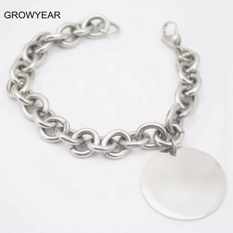 Wholesale Blank Round Tag Charm Bracelet Silver Lobster Chain Bracelets With Round Pendant
