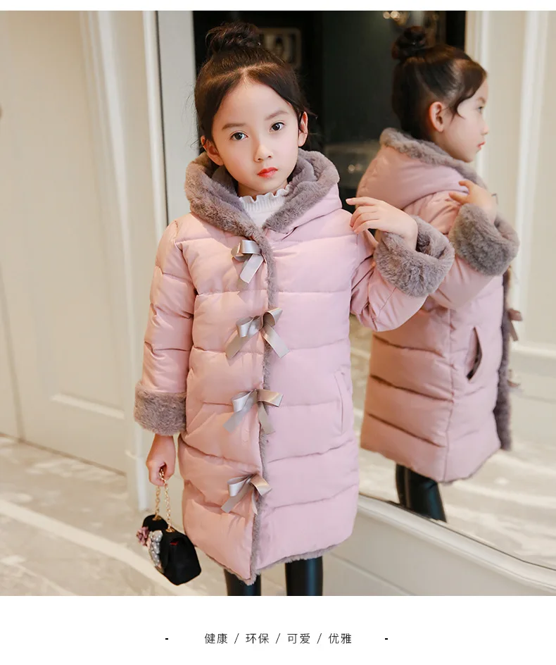 Зимнее пальто с бантом для девочек длинная стеганая куртка модная детская одежда размер 8, 10, 12, roupas infantis menina, теплые парки Детское пальто