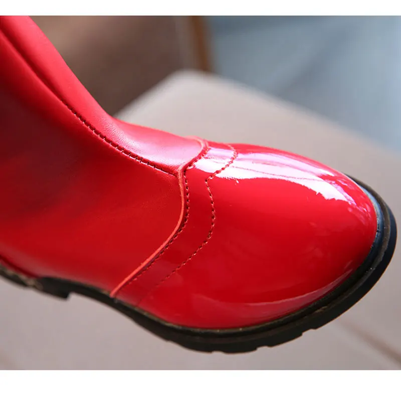 Детские зимние ботинки для девочек; модные ботинки до середины икры с кружевным бантом; зимние модельные туфли принцессы на плоской подошве; цвет черный, красный, розовый; зимняя обувь