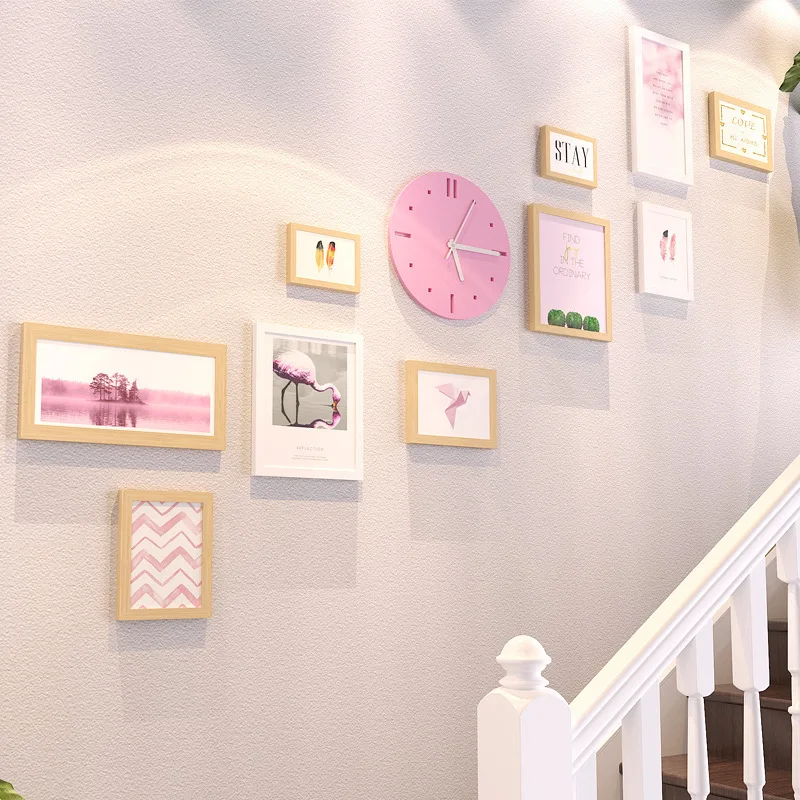 

Nordic Style 10pcs/set Wooden Picture Frame Set With Clock Wall Hanging Poster Rails Shadow Frame Box Photo Frame Transparent