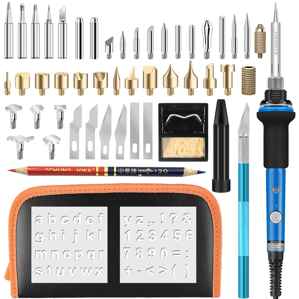 

40PCS 60w Adjutable Soldering Iron Wood Burning Chiseled Tips Blade Tweezer Pyrography Tool Soldering Pen Kit WITH Carry Bag