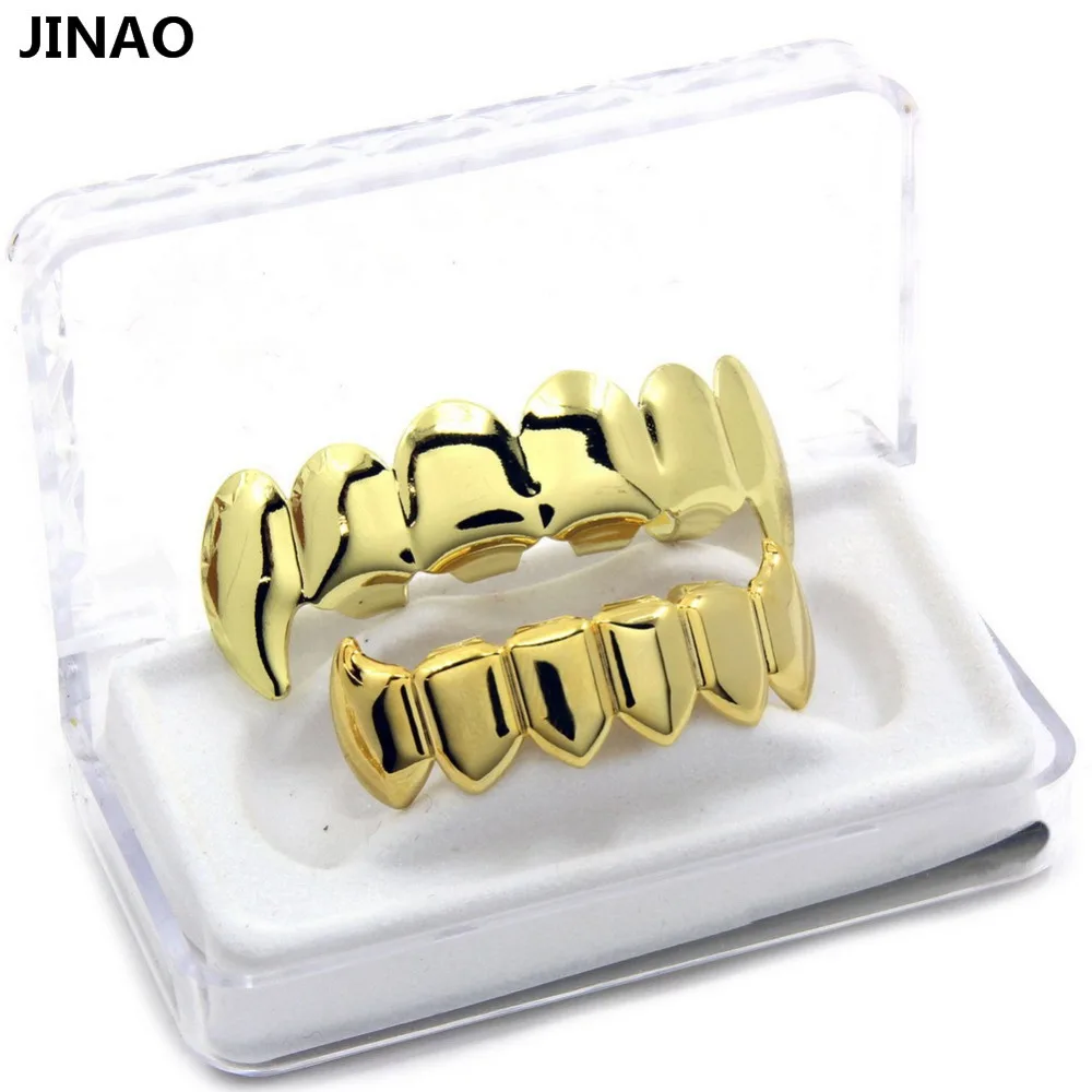 JINAO золото посеребренные хип-хоп ЗУБЫ Grillz верхние и нижние грили набор с силиконовым настоящим блестящим вампирский зуб гриль-наборы