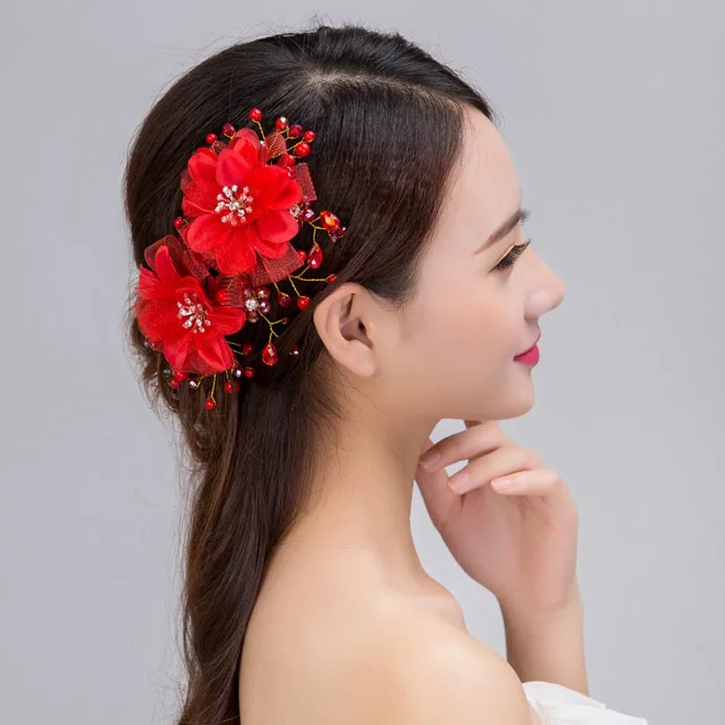 Red Bridal Hair Ornaments Wedding Hair Accessories Floral Headdress Romantic Lace Hairwear