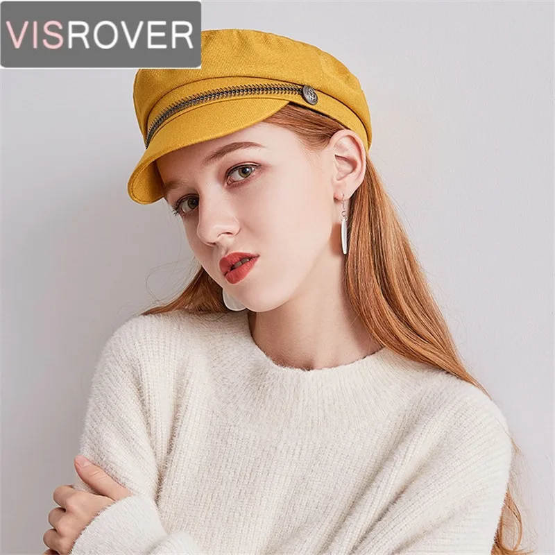 

VISROVER New Cotton Military Hats Female Autumn Winter Solid Ladies Zipper Button Hat Caps Women Warm Cap Casual High Quality