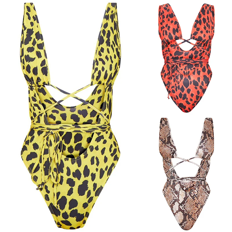 

2019 New Women Sexy Sleeveless Snake Leopard Print Bodysuit Casual Summer Beach Swim Party Playsuit Fashion Female Jumpsuits