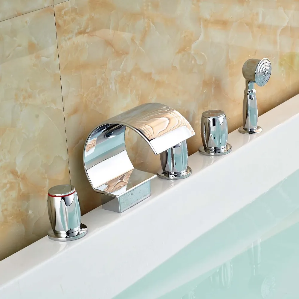 Bathtub Faucet Chrome Brass Waterfall Spout with Brass Handheld Shower