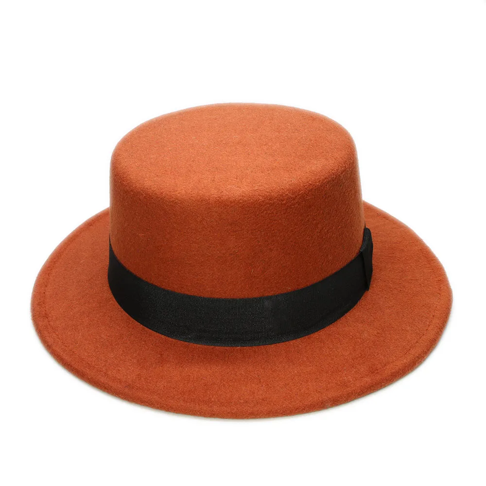 LUCKYLIANJI Vintage Retro Lady Men Women Elegant Wool Felt Flat Dome Oval Top Bowler Porkpie Pork Pie Hat(One Size: 57cm 7 1/8 - Цвет: Оранжевый