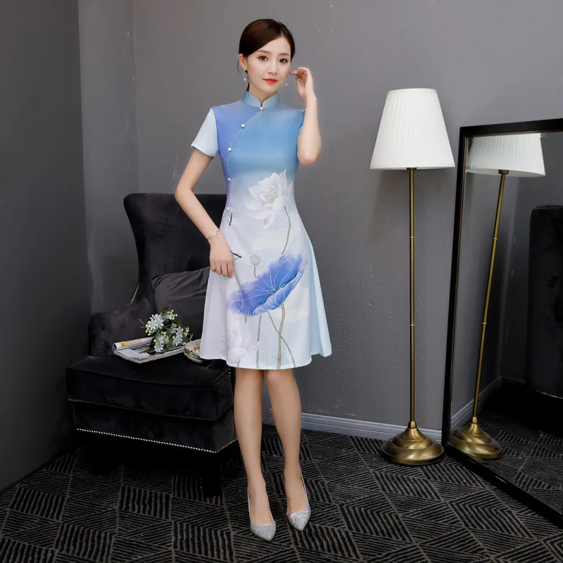 Короткое винтажное китайское платье ченсам Мандарин Воротник платье женское летнее Мини Qipao тонкое вечернее платье Vestido s-xxl