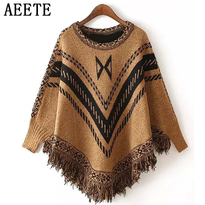 Welp AEETE vrouwen Geometrische Patroon Gebreide Poncho Bat Mouwen GH-31