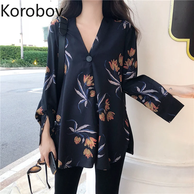 

Korobov Mujer Blusas Button Floral Print Women Blouse Vintage V-Neck Loose Casual Female Shirts Long Sleeve Blusas 77397