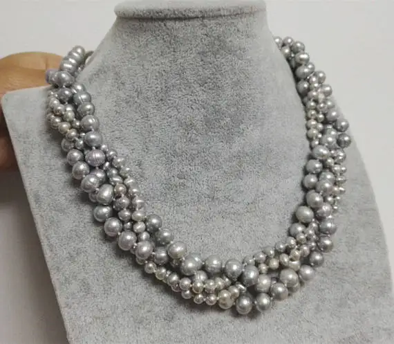 

Handmade Natual Pearl Jewellery 4 Strings Twisted 4-9mm Gray Real Freshwater Pearls Necklace New Free Shipping