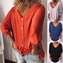 2019 summer and autumn women's large size T-shirt V-neck bat seven-point sleeve T-shirt back button loose shirt T-shirt 2019 summer and autumn women's large size T-shirt V-neck bat seven-point sleeve T-shirt back button loose shirt T-shirt