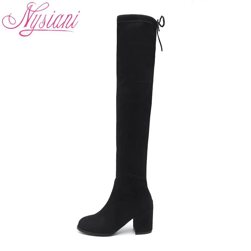 Prix 2018 Noir Bout Pointu Femmes Cuissardes Longues Bottes Retour Lace Up Marque Designer Dessus Du Genou Bottes Dames Épais talons Nysiani