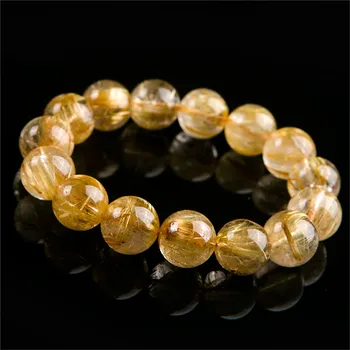 

Natural Yellow Golden Rutilated Quartz Bracelets Women Men Stretch Crystal Big Rutilated Quartz Round Bead Power Bracelet 15mm