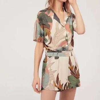

New Palm Leaf Printing Pajamas Home Wear 2020 Summer Short Sleeved Loungewear Pijama Mujer Shorts Sleepwear Sexy Home Clothes