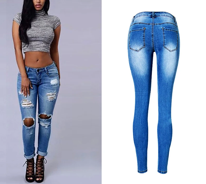 2017 New Hot Selling Women Low-waist Slim Elastic Jeans Pants Fit Close Pencil Pants Irregular Broken Hole Washed with Plus Size (3)