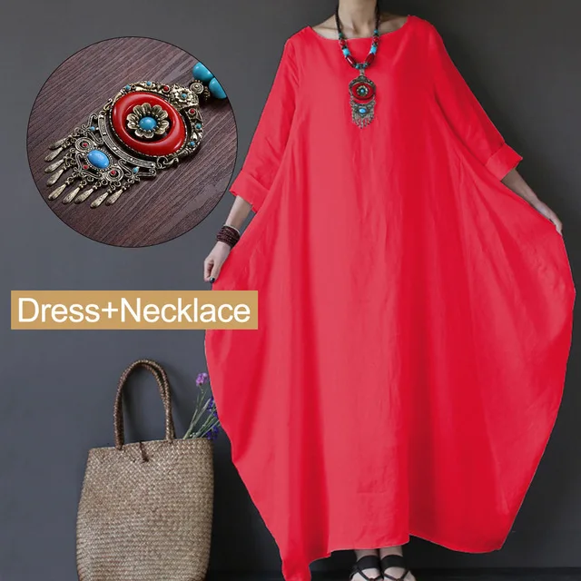 Хлопковое льняное женское платье макси размера плюс, однотонное белое весеннее винтажное платье с длинным рукавом и круглым вырезом, женское Повседневное платье Sukienki 5XL - Цвет: Red and Necklace