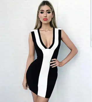 

High Quality Ladies HL Bandage Dress V-Neck Sexy Bodycon Mini Dress Patchwork Dress