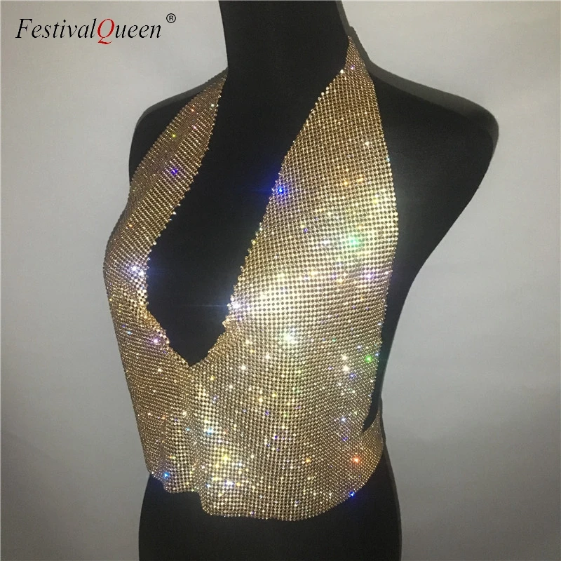 FestivalQueen lady rhinestone party backless tops sexy women summer glitter crystal diamonds crop top beach nightclub