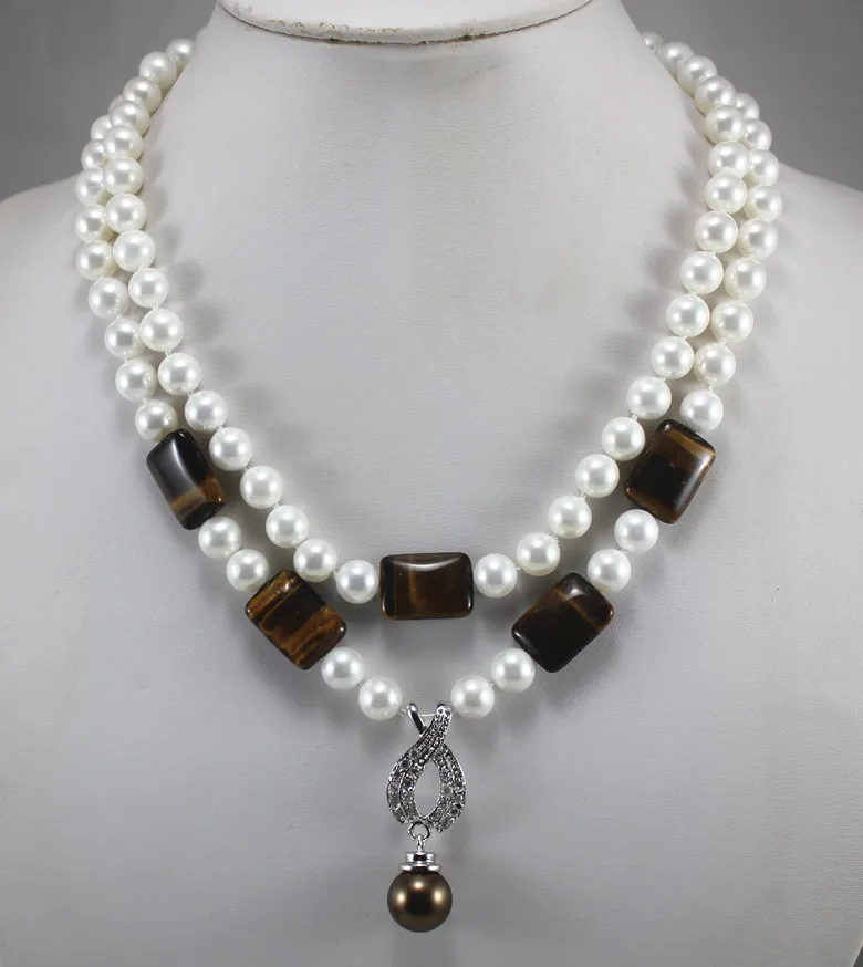 

2 rows factory price wholesales/retail nice design 8mm white shell pearl mixed stone necklace+14mm coffee shell pearl pendant